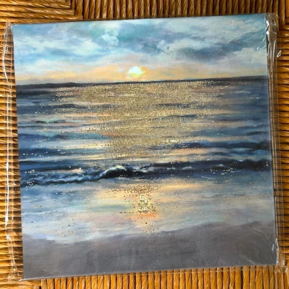 ON GOLDEN BEACH Canvas Wall Art Metallic Gold Sun Blue Waves Small Space 9 x 9